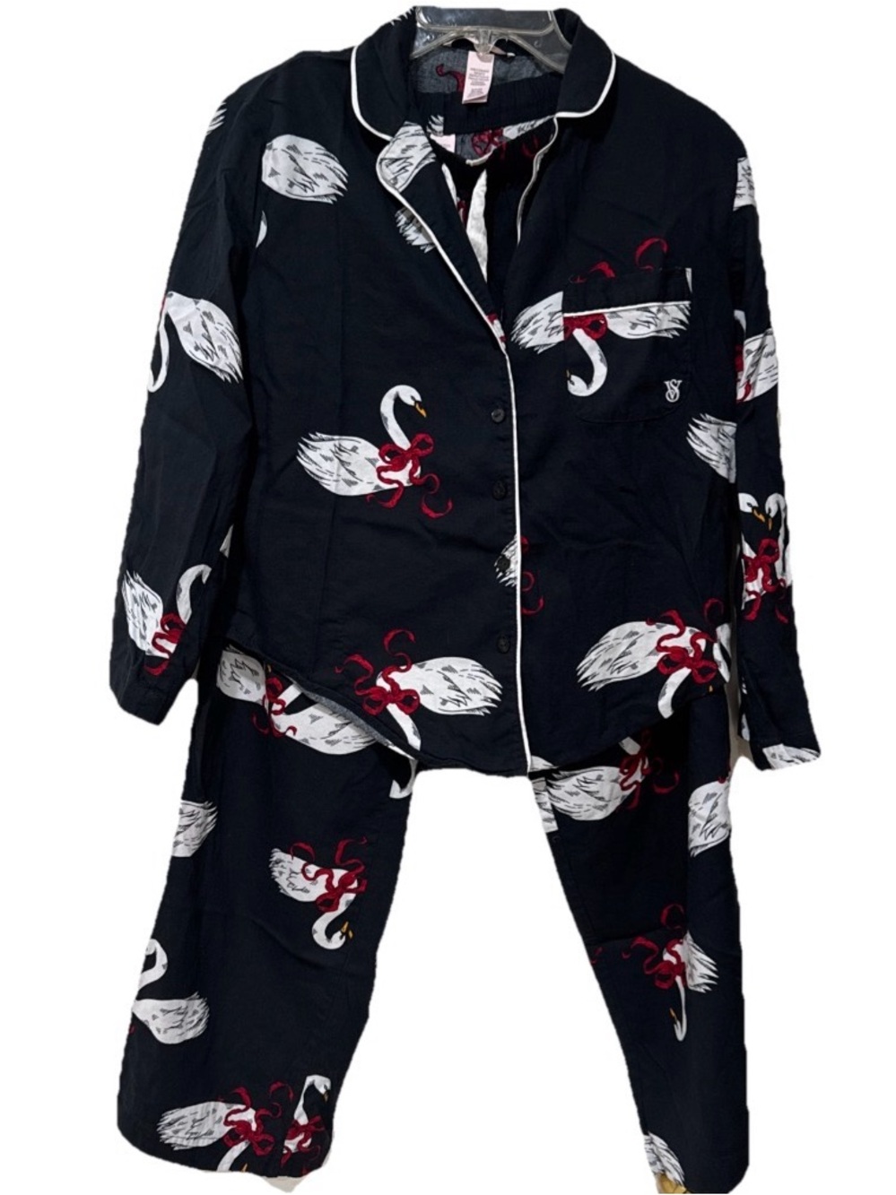 Victoria’s Secret Pajama Set Small Swan Print Navy Flannel Button Up Top & Pants